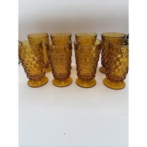 8 VTG Indiana Whitehall Colony 6" Cubist Amber Glass Footed Iced Tea Tumblers